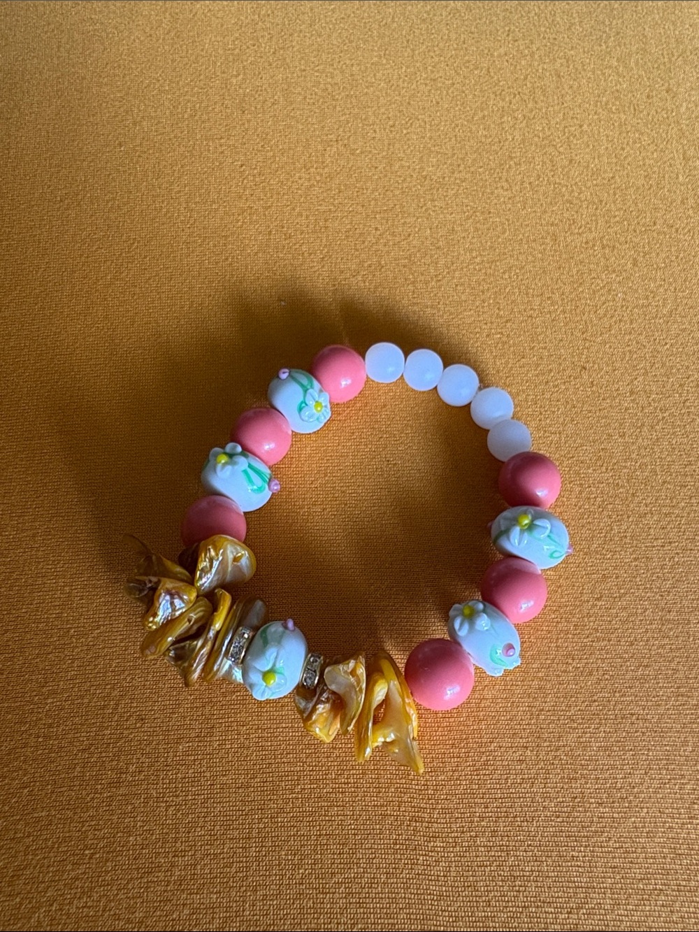Kids Beaded Flower Charm Bracelet - Pink & White